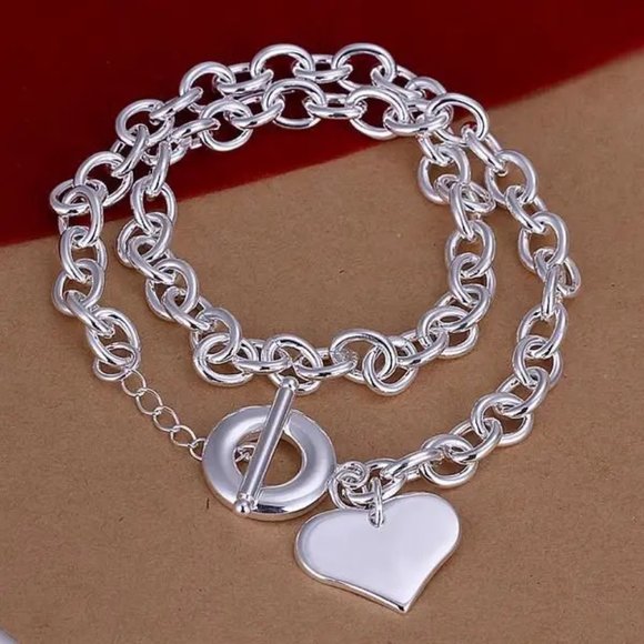 Toggle O-Chain w/ Heart Pendant 18 Inch Long Chain Stamped .925 Sterling Silver - Picture 2 of 3